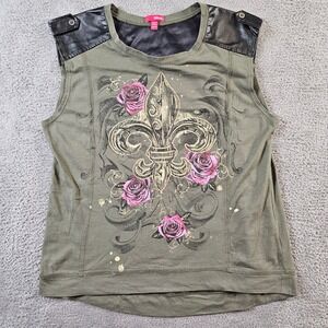 Bongo Y2K Olive Green Fleur De Lis Rose Graphic Top Faux Leather Trim Medium